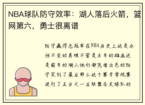 NBA球队防守效率：湖人落后火箭，篮网第六，勇士很离谱